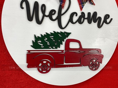 Bảng treo cửa giáng sinh Nơ Đỏ Chữ Đen Simple [Bằng gỗ - Nhiều kiểu] ĐK 30cm X-BTRC-41