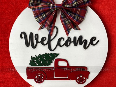 Bảng treo cửa giáng sinh Nơ Đỏ Chữ Đen Simple [Bằng gỗ - Nhiều kiểu] ĐK 30cm X-BTRC-41