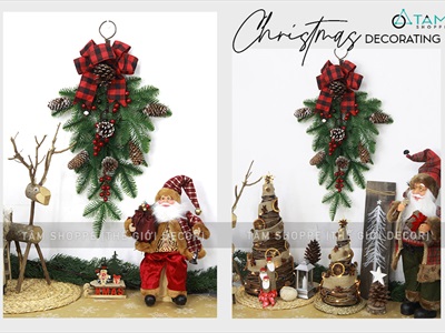 Cành thông treo Noel lá PE nơ đỏ caro D60cm CTHTR-X-01