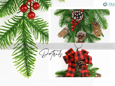 Cành thông treo Noel lá PE nơ đỏ caro D60cm CTHTR-X-01