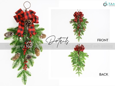 Cành thông treo Noel lá PE nơ đỏ caro D60cm CTHTR-X-01