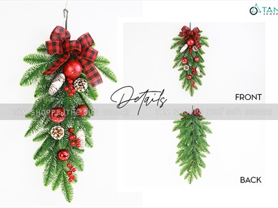 Cành thông treo Noel lá PE nơ đỏ caro D60cm CTHTR-X-01