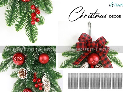 Cành thông treo Noel lá PE nơ đỏ caro D60cm CTHTR-X-01