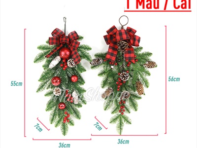 Cành thông treo Noel lá PE nơ đỏ caro D60cm CTHTR-X-01