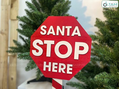 Cây trụ Giáng sinh chữ Santa Stop here đỏ trắng [Bằng gỗ - Cao 84cm] CHIDUONG-X-01