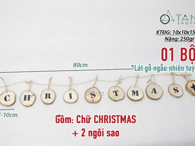 Dây banner chữ Christmas lát gỗ tròn 2 sao [Tự nhiên - thủ công] BANER-NOEL-03