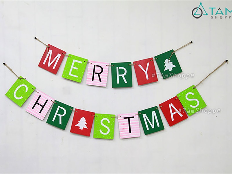 Dây banner chữ Merry Christmas thẻ gỗ chữ nhật [Bằng gỗ - thủ công] BANER-NOEL-02