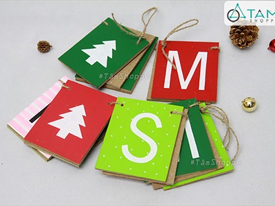 Dây banner chữ Merry Christmas thẻ gỗ chữ nhật [Bằng gỗ - thủ công] BANER-NOEL-02