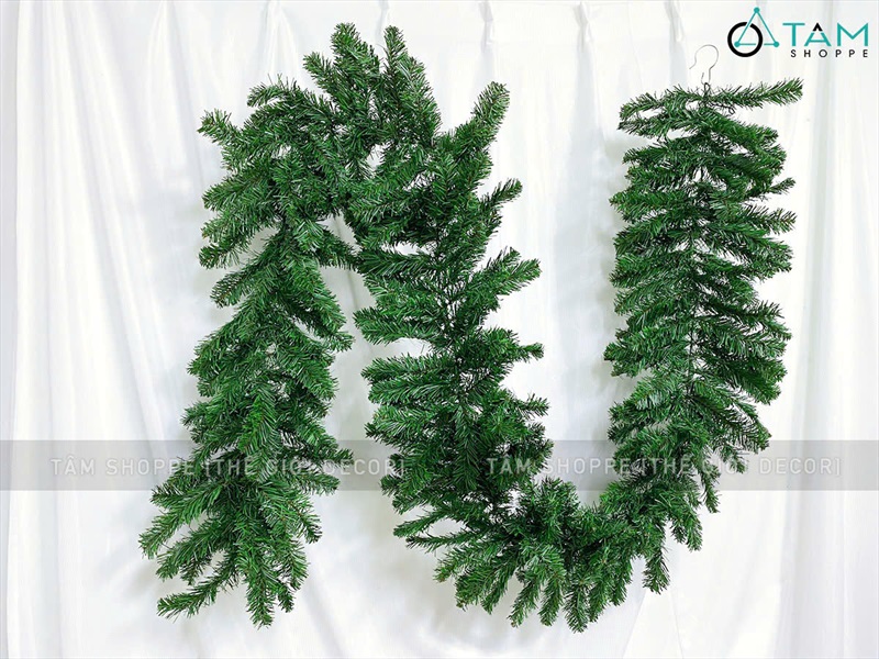Dây lá thông bản lớn xanh trơn đầu tròn dài 270cm [Nhiều lá - Rộng 25cm] DAYLA-03