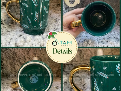 Ly gốm giáng sinh trụ tròn quai ánh kim vàng [Gốm dày - men bóng] LYTACH-04