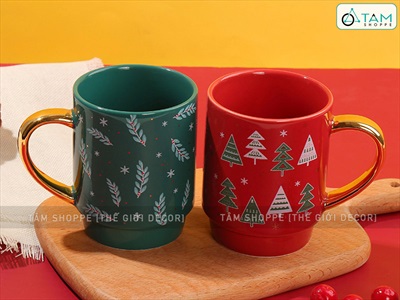 Ly gốm giáng sinh trụ tròn quai ánh kim vàng [Gốm dày - men bóng] LYTACH-04