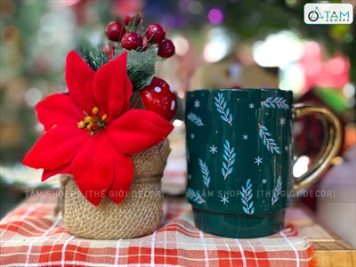 Ly gốm giáng sinh trụ tròn quai ánh kim vàng [Gốm dày - men bóng] LYTACH-04