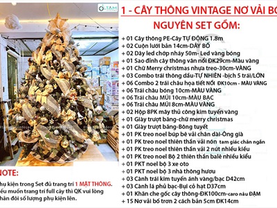 Mẫu cây thông Noel trang trí sẵn lá PE lưới Vintage cao 1m8 [2022 - Tâm Nguyễn Decor] CTHTTS-X-2202