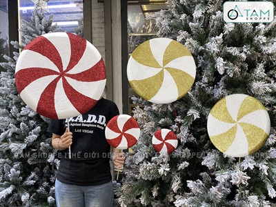 Mô hình kẹo mút tròn cánh quạt đỏ vàng [Nhiều cỡ - Mút xốp] KEONGOT-02