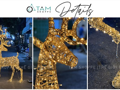 [Hàng ORDER] Mô hình tuần lộc thép quấn đèn Led dây bố kim tuyến vàng Gold cỡ lớn [Dáng đẹp - tỉ mỉ] TCV-TLOC-05