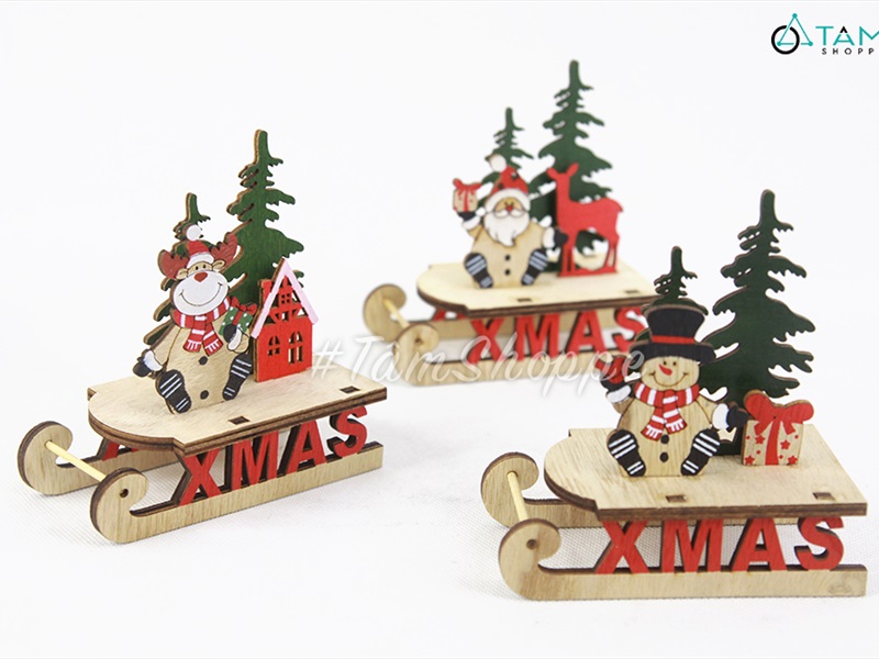 Mô hình xe trượt tuyết gỗ nhỏ lắp ráp DIY có chữ XMAS MHDB-XMAS-08