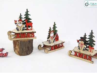 Mô hình xe trượt tuyết gỗ nhỏ lắp ráp DIY có chữ XMAS MHDB-XMAS-08