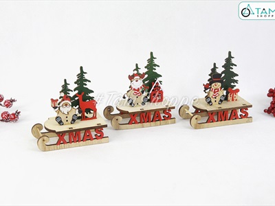 Mô hình xe trượt tuyết gỗ nhỏ lắp ráp DIY có chữ XMAS MHDB-XMAS-08