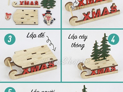 Mô hình xe trượt tuyết gỗ nhỏ lắp ráp DIY có chữ XMAS MHDB-XMAS-08