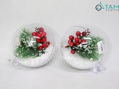 Trái châu Noel trong suốt lá thông trái đỏ có tuyết [ĐK14cm - Xinh yêu] TRAICHAU-39