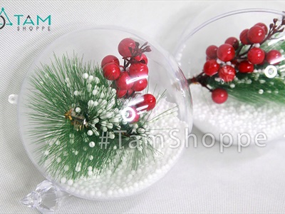 Trái châu Noel trong suốt lá thông trái đỏ có tuyết [ĐK14cm - Xinh yêu] TRAICHAU-39