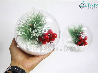 Trái châu Noel trong suốt lá thông trái đỏ có tuyết [ĐK14cm - Xinh yêu] TRAICHAU-39