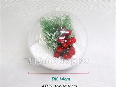 Trái châu Noel trong suốt lá thông trái đỏ có tuyết [ĐK14cm - Xinh yêu] TRAICHAU-39