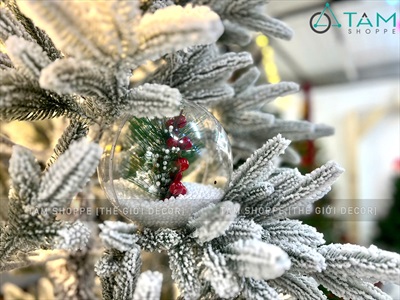Trái châu Noel trong suốt lá thông trái đỏ có tuyết [ĐK14cm - Xinh yêu] TRAICHAU-39