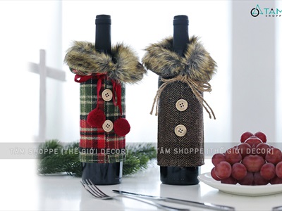 Áo vải bọc chai rượu Noel cổ lông thú caro Vintage BCHR-X-04