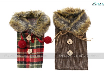 Áo vải bọc chai rượu Noel cổ lông thú caro Vintage BCHR-X-04