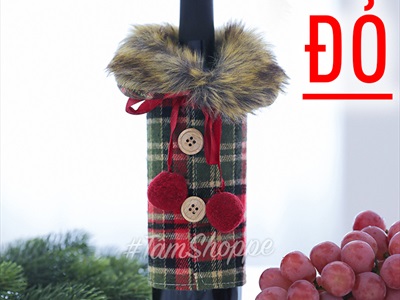 Áo vải bọc chai rượu Noel cổ lông thú caro Vintage BCHR-X-04