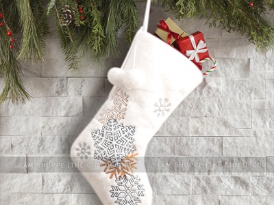 Vớ tất Noel vải lông trắng thêu họa tiết Bắc Âu D50cm VOTAT-X-05