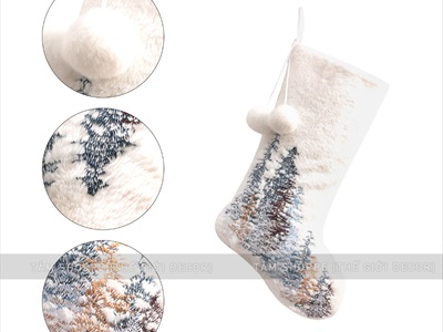 Vớ tất Noel vải lông trắng thêu họa tiết Bắc Âu D50cm VOTAT-X-05