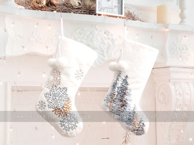 Vớ tất Noel vải lông trắng thêu họa tiết Bắc Âu D50cm VOTAT-X-05