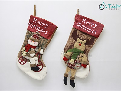 Vớ tất Noel vải nâu Vintage kiểu vỏ cây [45x26cm - 2 kiểu] VOTAT-X-07