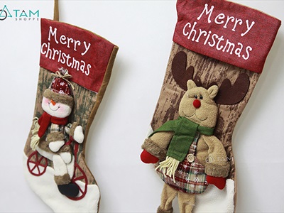 Vớ tất Noel vải nâu Vintage kiểu vỏ cây [45x26cm - 2 kiểu] VOTAT-X-07