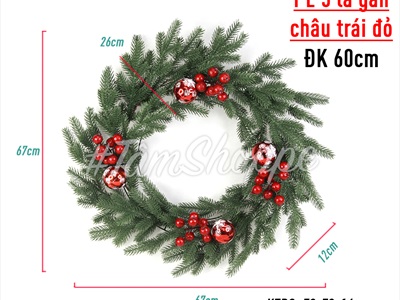 Vòng nguyệt quế lá PE 5 nhánh gắn châu trái đỏ ĐK60cm X-VNGQ-25