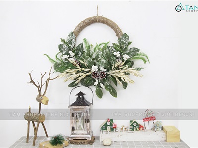 Vòng nguyệt quế vải bố lá rừng yến mạch phủ kim tuyến ĐK35cm X-VNGQ-27