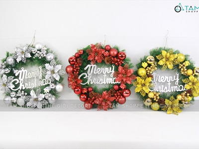 Vòng nguyệt quế Noel 4 hoa trạng nguyên kim tuyến ĐK45cm VNGQ-X-34