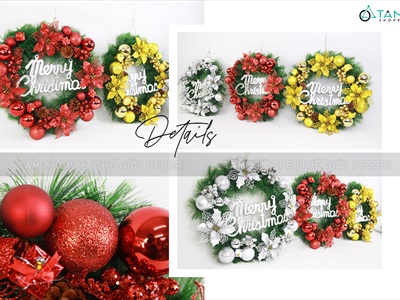 Vòng nguyệt quế Noel 4 hoa trạng nguyên kim tuyến ĐK45cm VNGQ-X-34