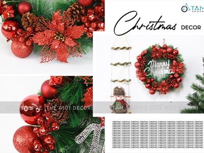 Vòng nguyệt quế Noel 4 hoa trạng nguyên kim tuyến ĐK45cm VNGQ-X-34