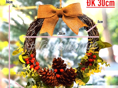 Vòng nguyệt quế Noel lá táo ba thông nơ vải bố ĐK30cm X-VNGQ-29