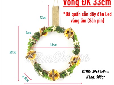 Vòng nguyệt quế Noel lát cam sao gỗ lá thông kim vòng xoáy ĐK30cm (có đèn Led) VNGQ-X-32