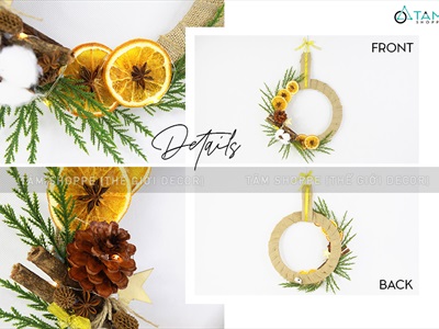 Vòng nguyệt quế Noel lát cam vải bố nửa vòng lá tùng thơm ĐK30cm (có đèn Led) VNGQ-X-33