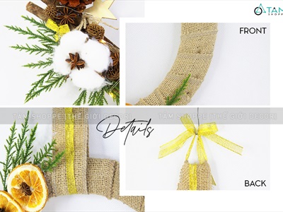 Vòng nguyệt quế Noel lát cam vải bố nửa vòng lá tùng thơm ĐK30cm (có đèn Led) VNGQ-X-33