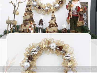 Vòng nguyệt quế Noel lưới bố nhún bèo 8 trái châu ĐK50cm (Có đèn Led) VNGQ-X-35