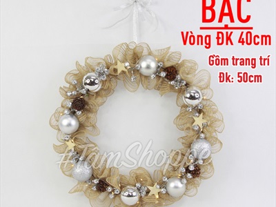 Vòng nguyệt quế Noel lưới bố nhún bèo 8 trái châu ĐK50cm (Có đèn Led) VNGQ-X-35