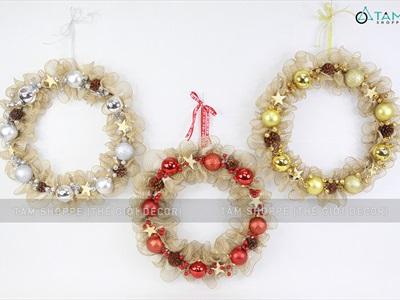 Vòng nguyệt quế Noel lưới bố nhún bèo 8 trái châu ĐK50cm (Có đèn Led) VNGQ-X-35