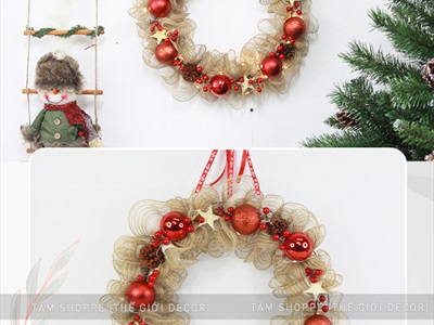 Vòng nguyệt quế Noel lưới bố nhún bèo 8 trái châu ĐK50cm (Có đèn Led) VNGQ-X-35
