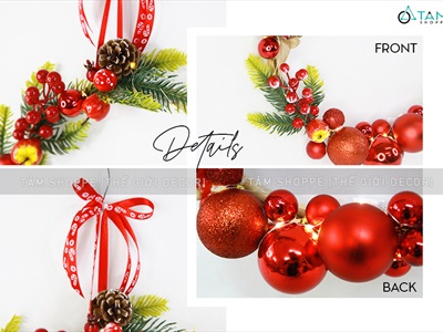 Vòng nguyệt quế Noel nửa vòng mây lá PE châu đỏ ĐK30-40cm (Có đèn Led) VNGQ-X-36